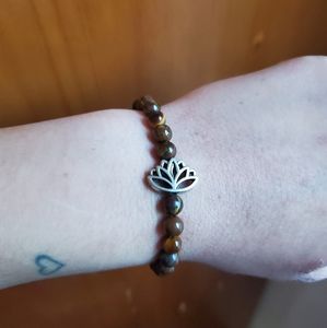 Tiger Eye Beaded Bracelet with Lotus Flower Charm